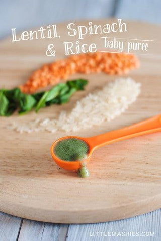 Baby food recipe Spinach, Lentils and Rice Puree puree from Little Mashies reusable food pouches. For free recipe ebook go to Little Mashies website or Amazon