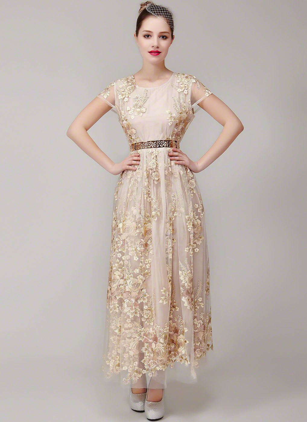 Champagne Color Tulle Lace Floral Embroidered Maxi Length Evening
