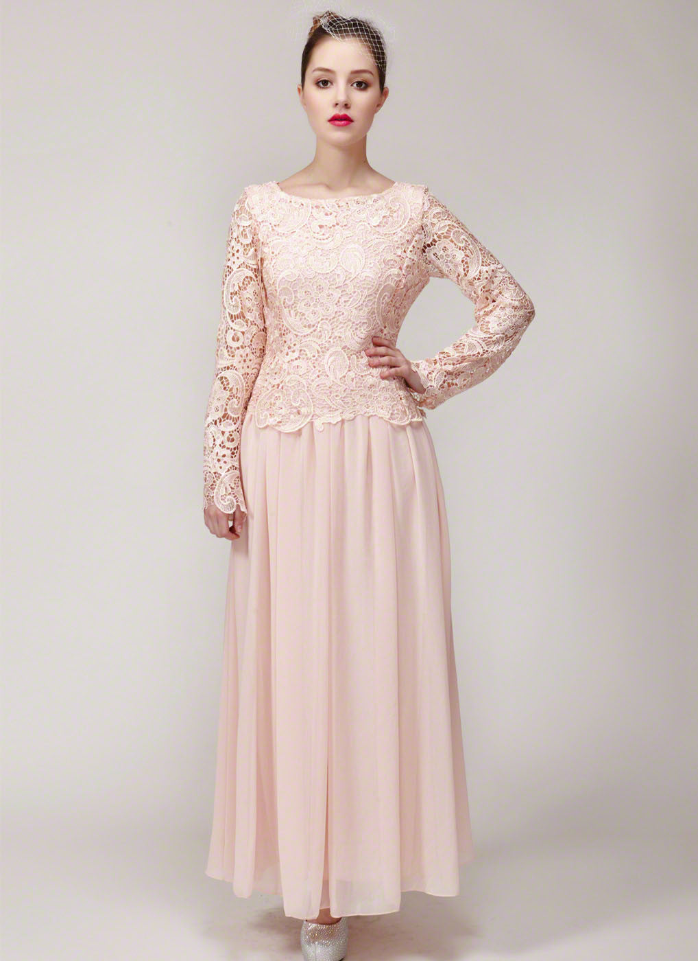 pink lace maxi dress with sleeves