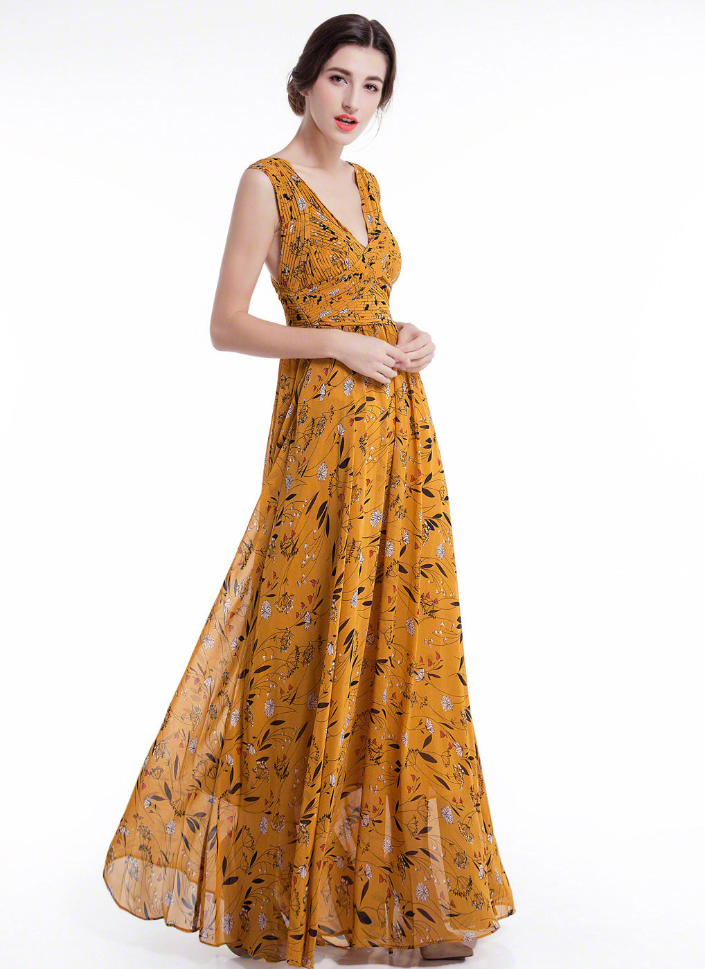 Sleeveless Mustard Yellow Floral Maxi Evening Dress With V Neck