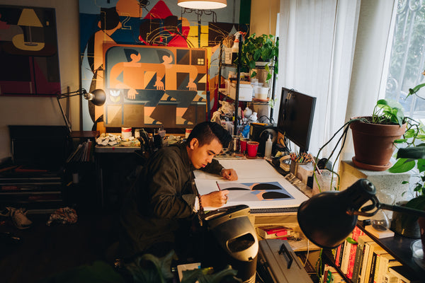 Artist Adrian Kay Wong in his studio