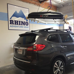 2019 Subaru Ascent with iKamper Skycamp Roof Top Tent being installed on Rhino-Rack Vortex Cross Bars