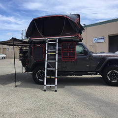 Jeep JL with iKamper Skycamp Roof Top Tent on Rhino-Rack Pioneer Platform installed with Batwing Awning and Road Shower