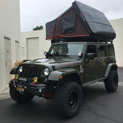 Jeep Rubicon with Rocky Black Line-X iKamper Skycamp Roof Top Tent installed on Rhino-Rack Backbone Pioneer Platform Rack System