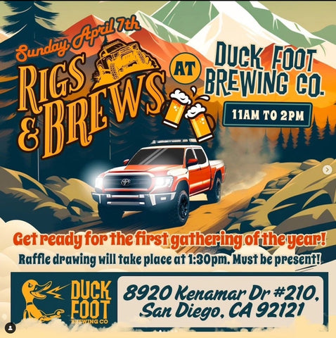 Rigs & Brews event flyer- April 7 2024 11am to 2pm at Duck Foot Brewing in San Diego