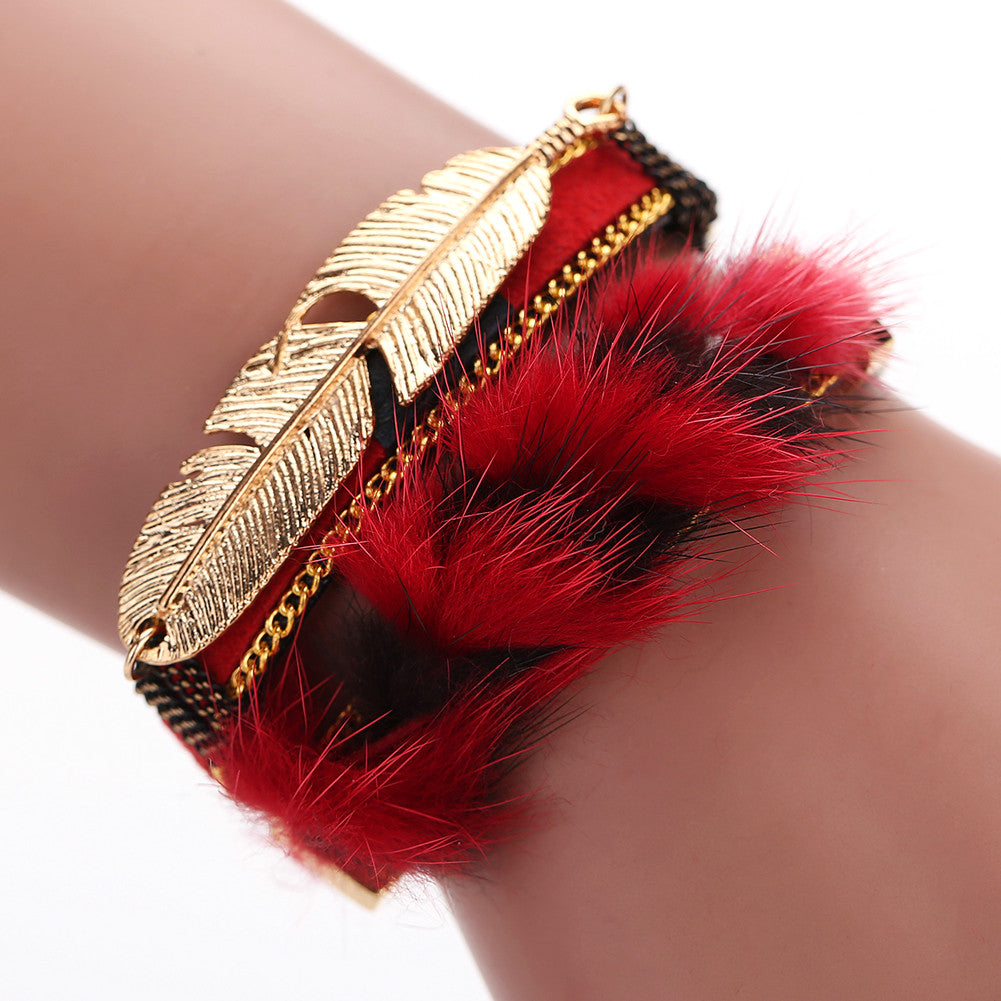 Fashion Handmade Unisex Bangles Bracelet Women Men Alloy Feather Leaves Magnetic Multilayer Leather 