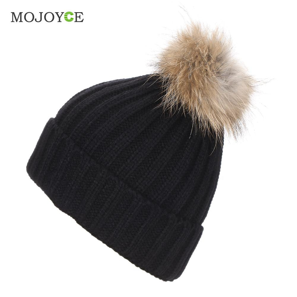 Fashion Raccoon Fur Hat Real Fur Pompom Caps Hat Knitted Hats Ski Cap Beanie Gorro Hat