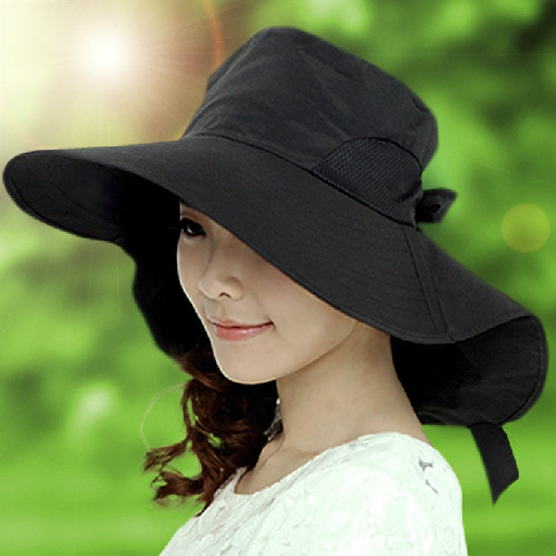 Women Wide Brim Bow Hat Foldable Sun Floppy Self-tie Beach Cap