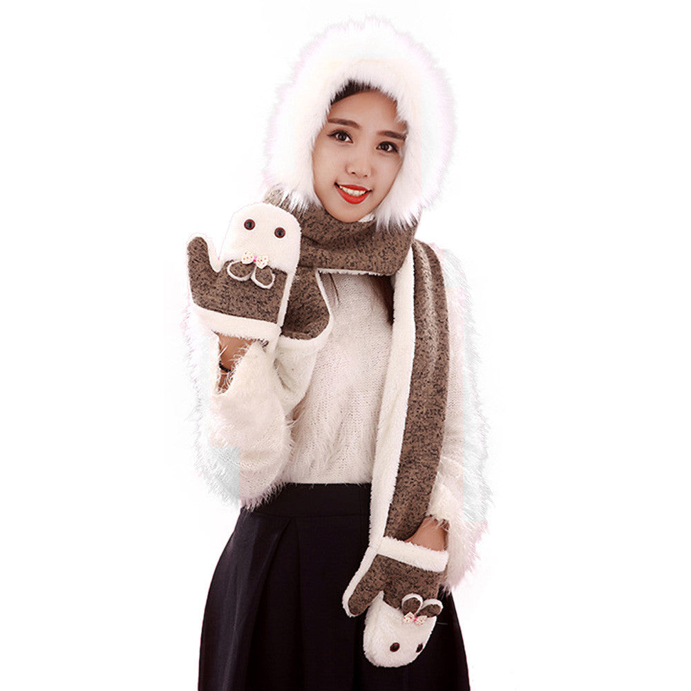 Warm Adult Rabbit Hat Scarf Gloves Three-Piece