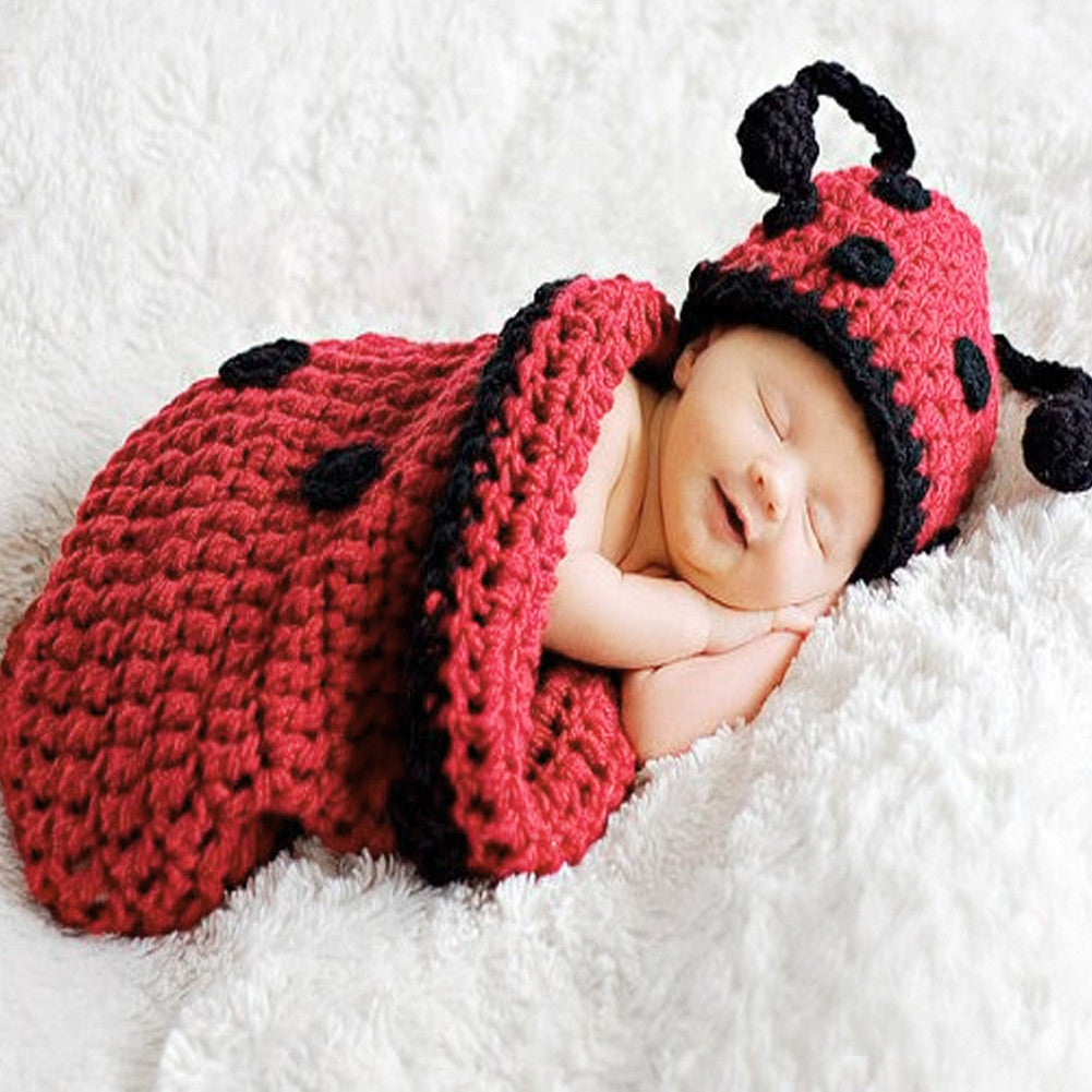 Baby Pography Props born Infant Sleeping Bag Crochet Ladybug Hat Cover Hmade Animal Beanie Cape Red