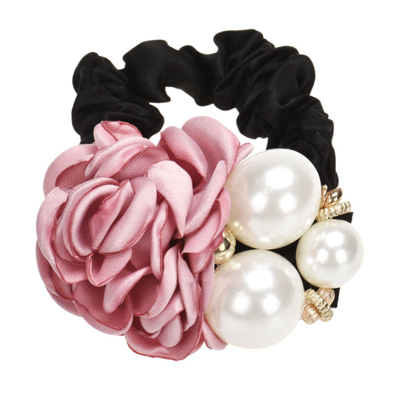 Pearls Beads Rose Flower Hair Band Rope Scrunchie Ponytail Holder Girls Headdress Hair Ropes Gift