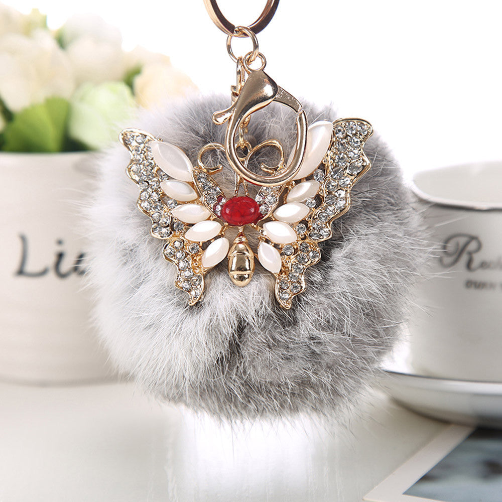 Cool gifts Keyring Women Rabbit Fur Ball Rhinestone Butterfly Keychain Bag Plush Key Ring Car Key Pe