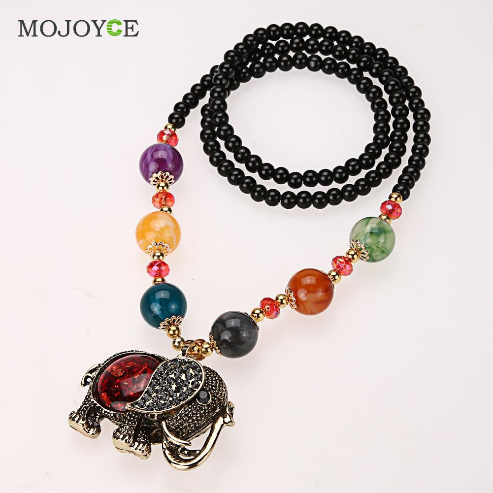 Fashion Elephant Women Bohemian Style Long Chain Necklace Azure Stone Rosary Beads Pendant Jewelry S