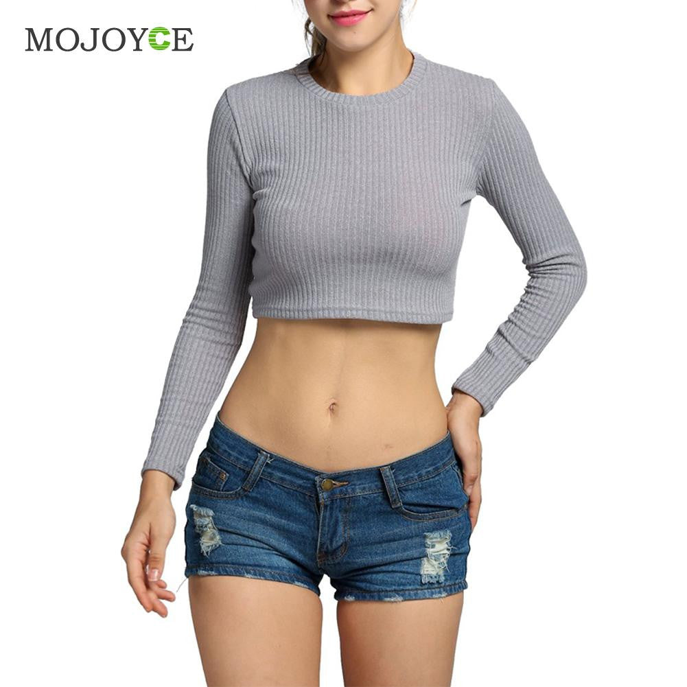 Fashion Women Knitted T shirt High Neck Long Sleeve Cropped Back
