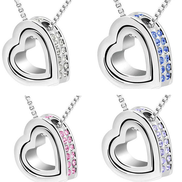 Feida arrivel Double Heart Crystal Rhinestone Eternal Love Silver Necklace &