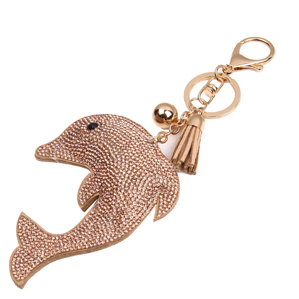 Gold Key Chain Rhinestone Tassel Cute Dolphin Keychain Bag Handbag Key Ring Car Key Pendant Women Gi