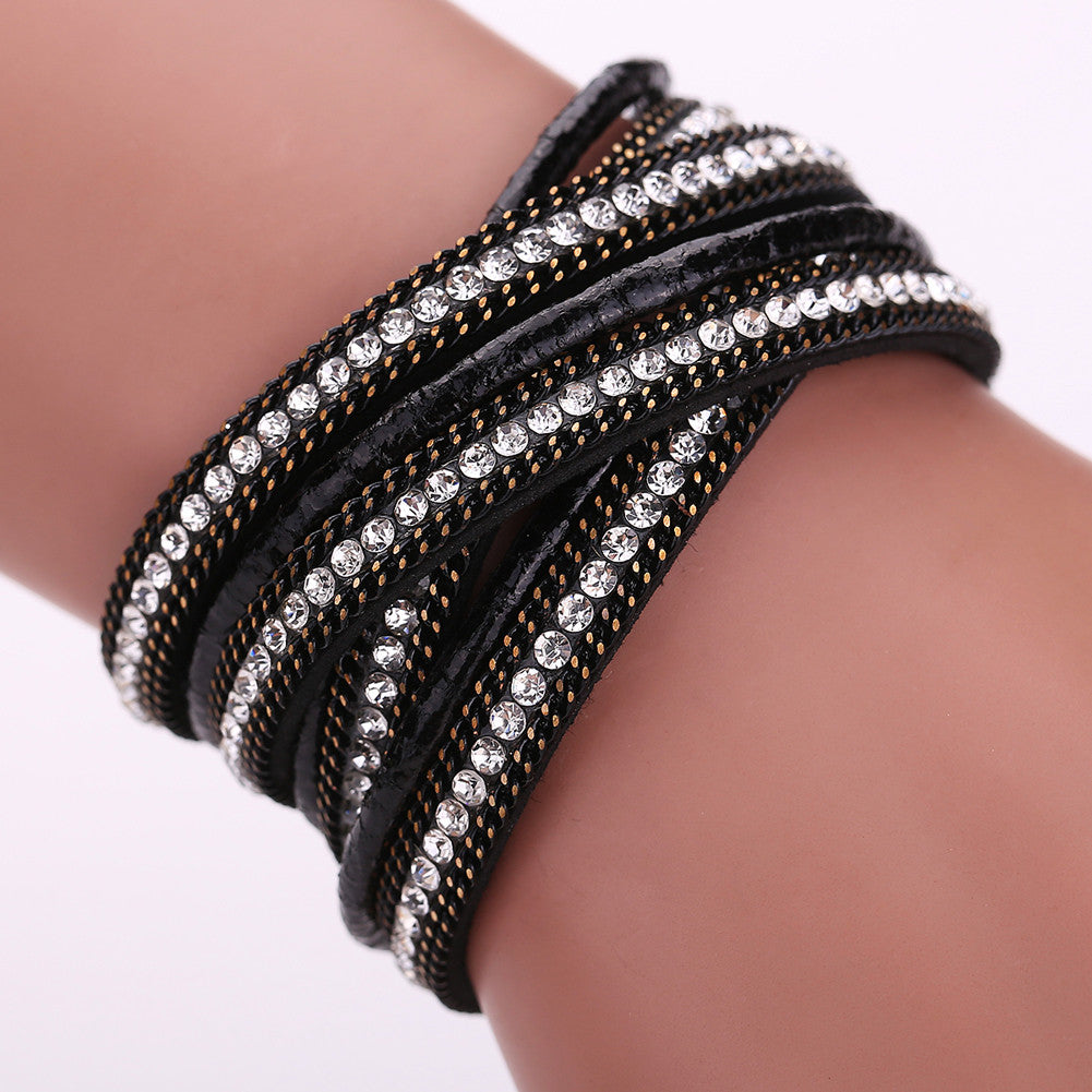 Luxury Leather Braid Crystal Magnetic Buckle Bracelet Wrist Strap Muiltilayer Women Rhinestone Bangl