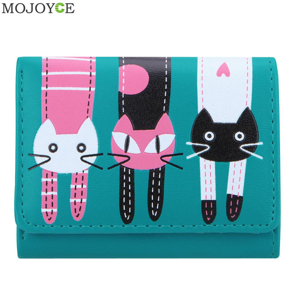 Mini Women Purse Lovely Cats Print Bifold Leather Wallet Card Holder Purse Zipper Multiple Cards Hol