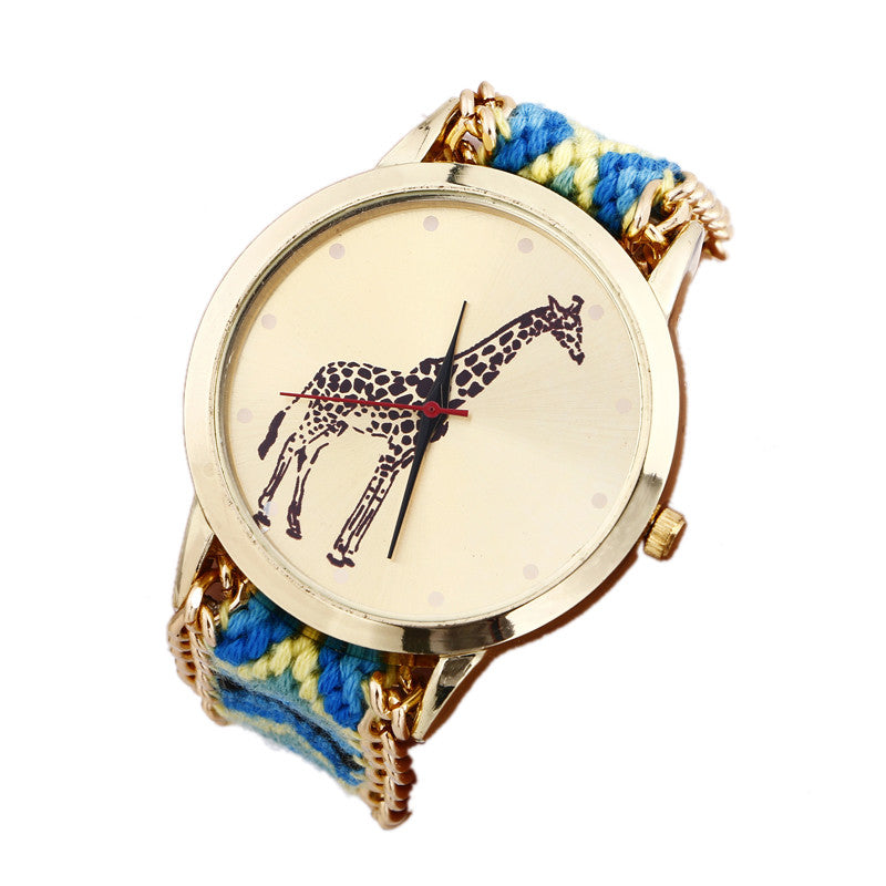 Overmal Giraffe Pattern Weaved Rope Band Bracelet Quartz Dial Watch &