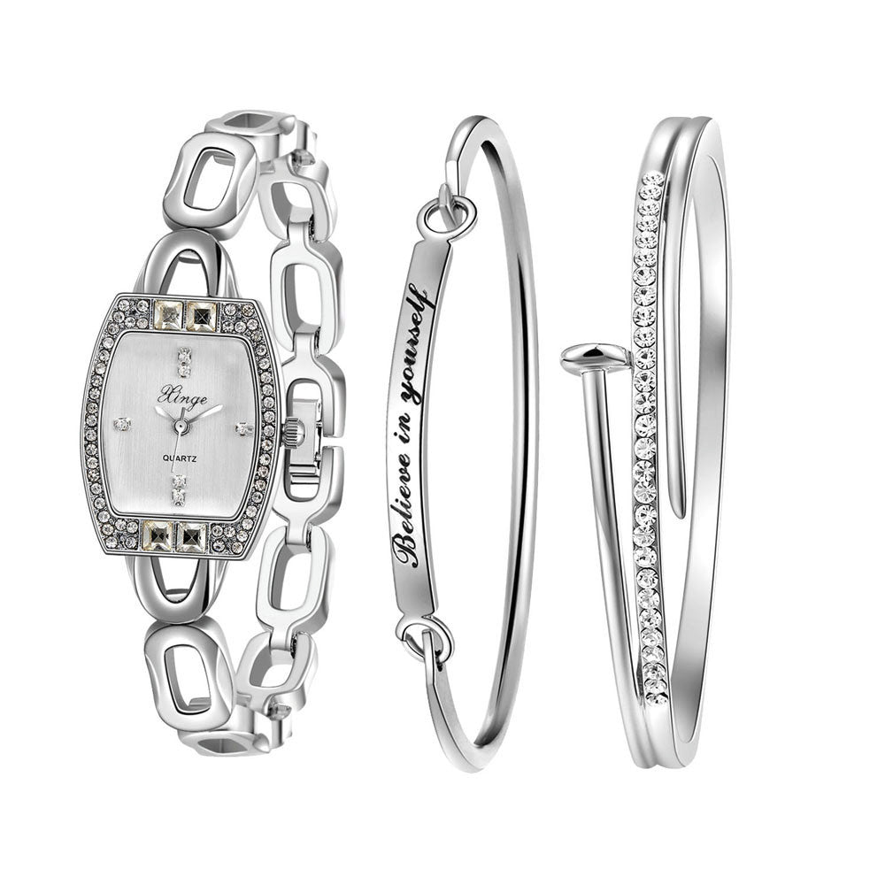 Watch Business Luxury Silver Rhinestone Bangle Watch Watches for Women And Bracelet Set 592S Feida