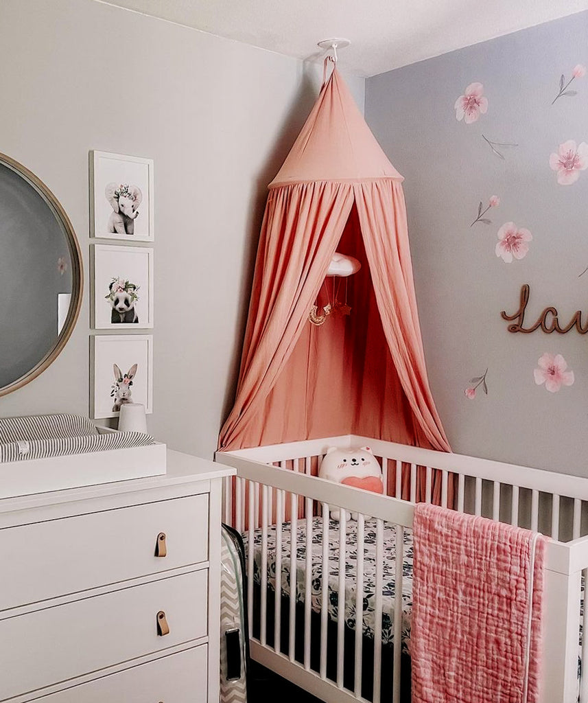 Baby girl's nursery room with a pink tent, animal prints on walls, and a mirror over dresser