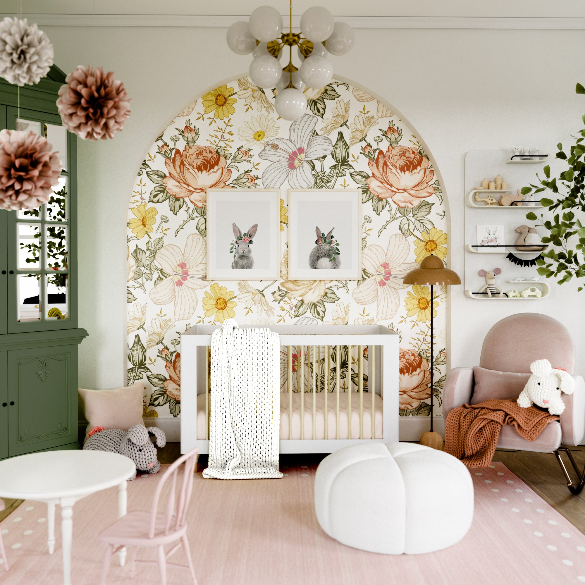 Nursery room with arched feature behind crib with floral wallpaper, bunny rabbit prints on wall, crib