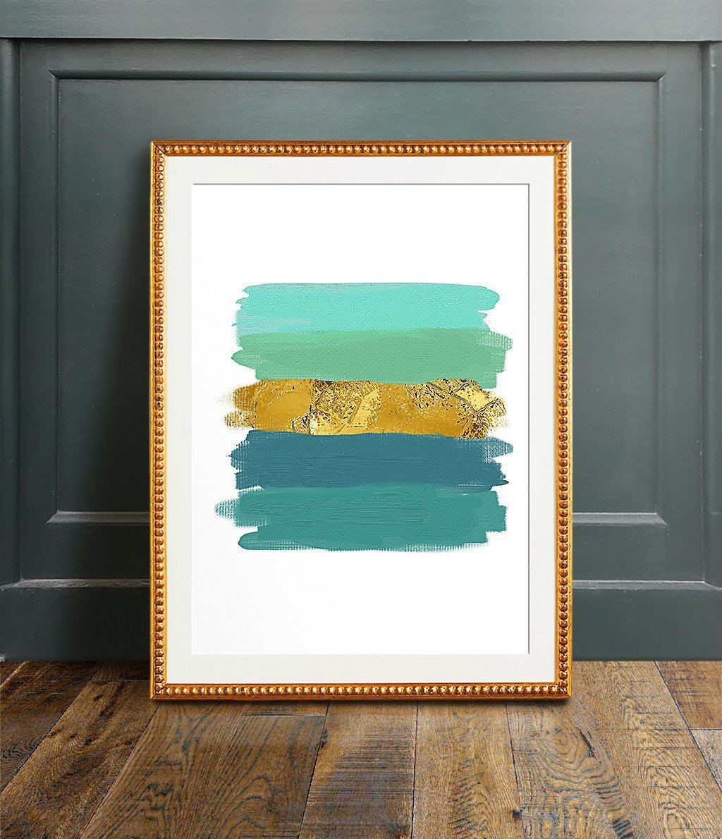 Teal and (Faux) Gold Brushstrokes Print