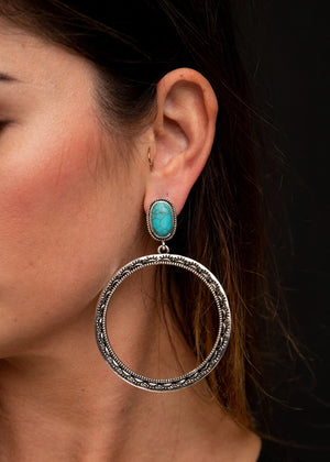 Burnish Silver Stamped Hoop Earring On Turquoise Post - Tucker Brown