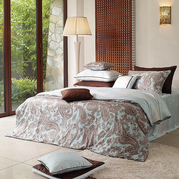 Sateen Powder Blue Cocoa Paisley Duvet Cover Set Bedding