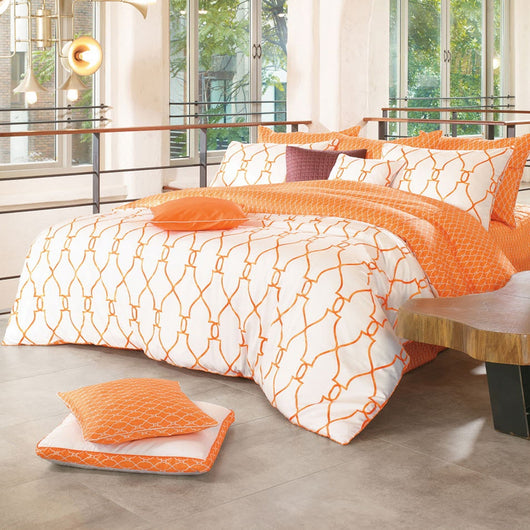 Reversible Sateen Orange White Duvet Cover Set Bedding