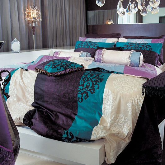Turquoise Dark Purple Damask Duvet Cover Set Bedding Silver