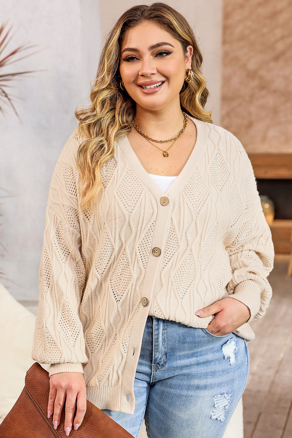 Plus Size Knitted Hollow out Cardigan