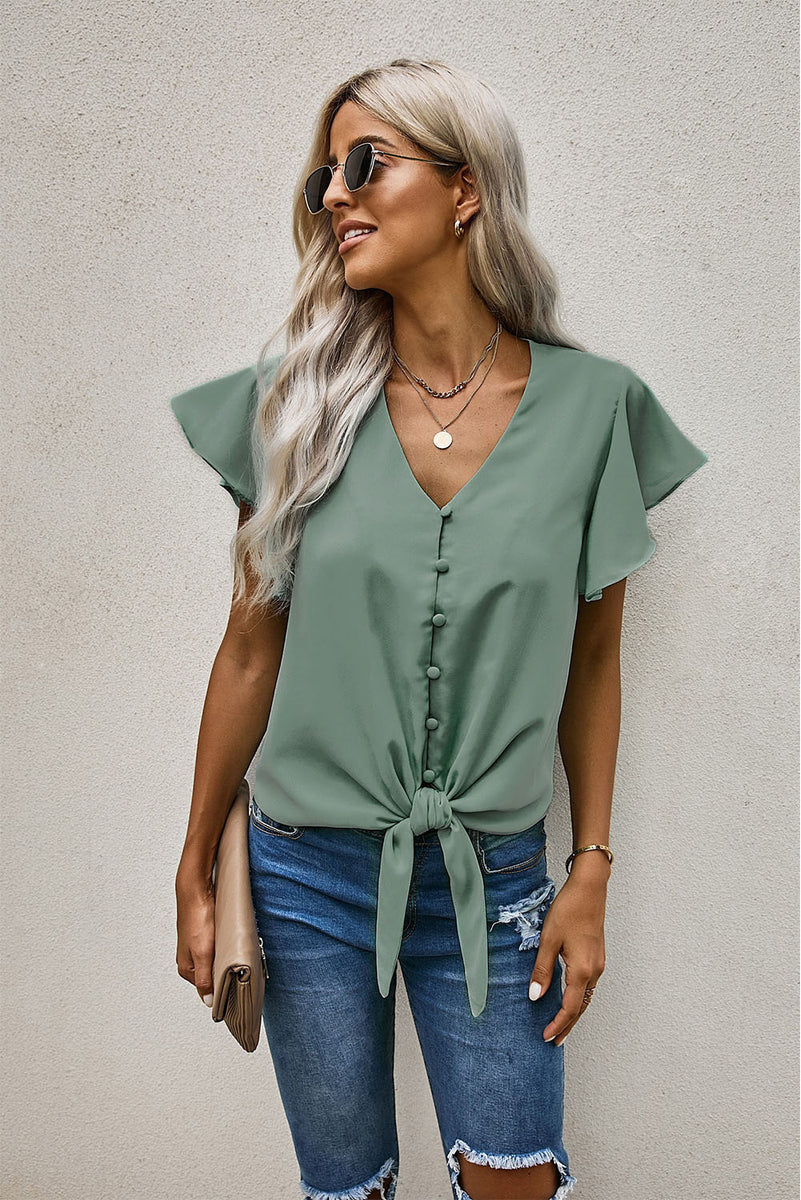 Green Short Sleeve Forever Tonight Button Down Tie Top – ModeShe.com