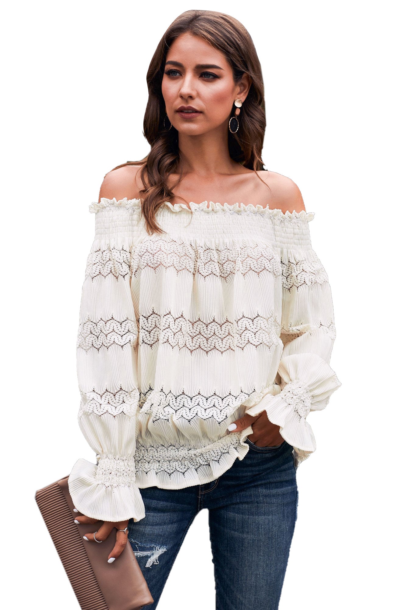Apricot Off Shoulder Long Sleeve Smocked Crochet Blouse – ModeShe.com