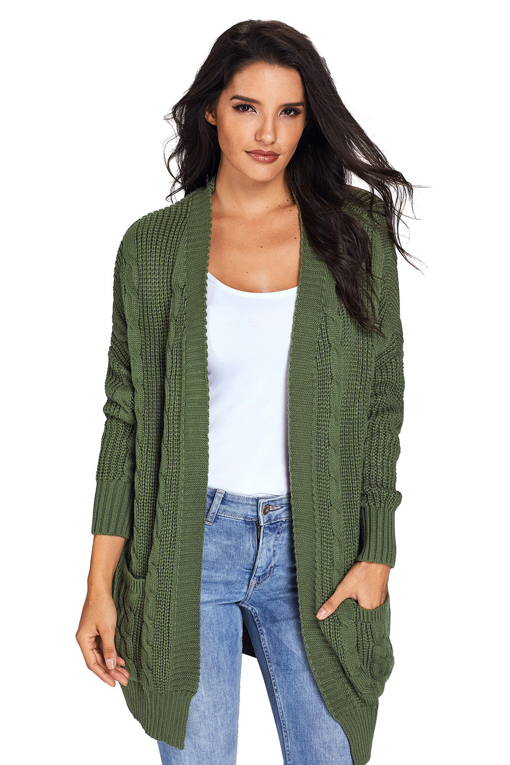 Army Green Knit Texture Long Sleeve Cardigan with pockets MB27752-9 ...
