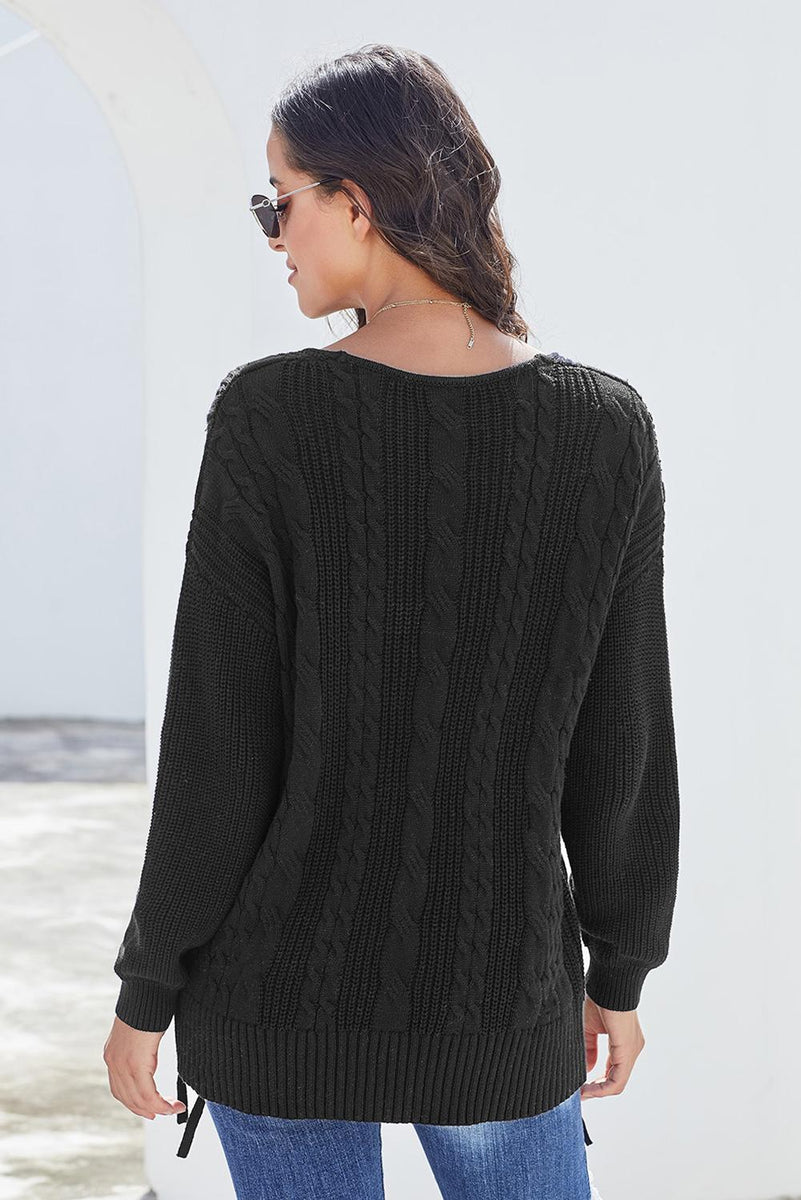 Black Love Letters Lace Up Cable Knit Sweater MB27994-2 – ModeShe.com