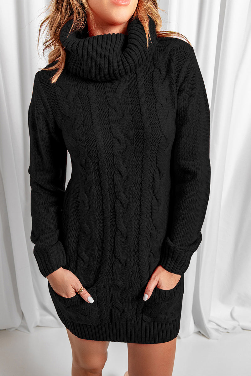 Black Cowl Neck Pockets Cable Knit Sweater Dress mb27836-2 – ModeShe.com
