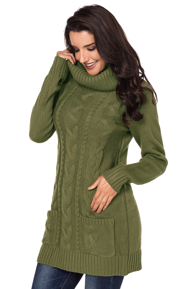 Olive Cowl Neck Pocket Cable Knit Sweater Dress mb27836-9 – ModeShe.com