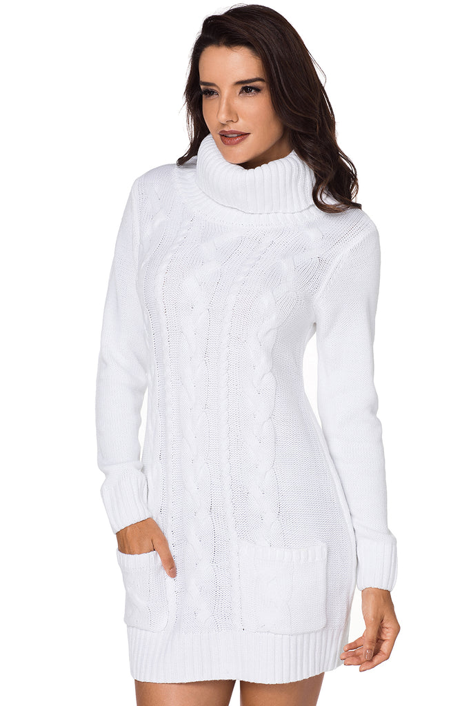 White Cowl Neck Pocket Cable Knit Sweater Dress MB27836-1 – ModeShe.com