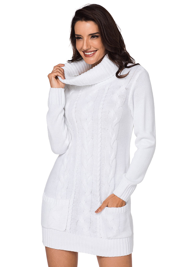 White Cowl Neck Pocket Cable Knit Sweater Dress MB27836-1 – ModeShe.com