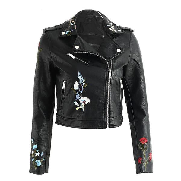 Embroidered Vegan Leather Jacket (4 Colors) - KismetCollections