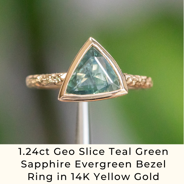 1.24ct Geo Slice Teal Green Sapphire Evergreen Bezel Ring in 14K Yellow Gold