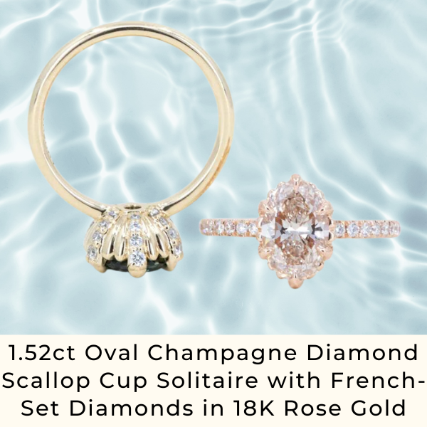 1.52ct Oval Champagne Diamond Scallop Cup Solitaire with French-Set Diamonds in 18K Rose Gold