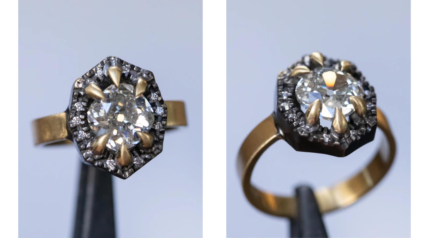 1.72CT ANTIQUE OLD MINE CUT DIAMOND AND BLACKENED HALO ANTIQUE STYLE RING IN 18K YELLOW GOLD
