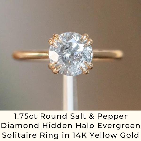1.75ct Round Salt & Pepper Diamond Hidden Halo Evergreen Solitaire Ring in 14K Yellow Gold