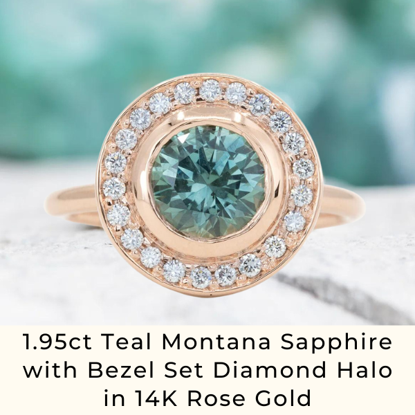 1.95ct Teal Montana Sapphire with Bezel Set Diamond Halo in 14K Rose Gold