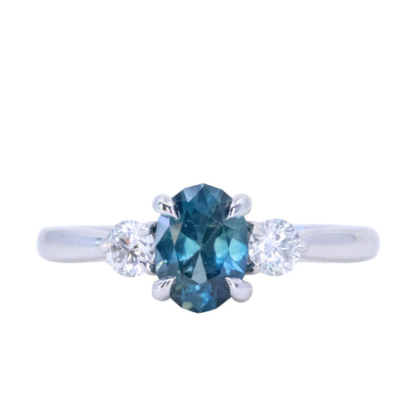 5 Ct. Three Stone Blue Sapphire Ring with Trapezoid Diamonds | Miss Diamond  Ring