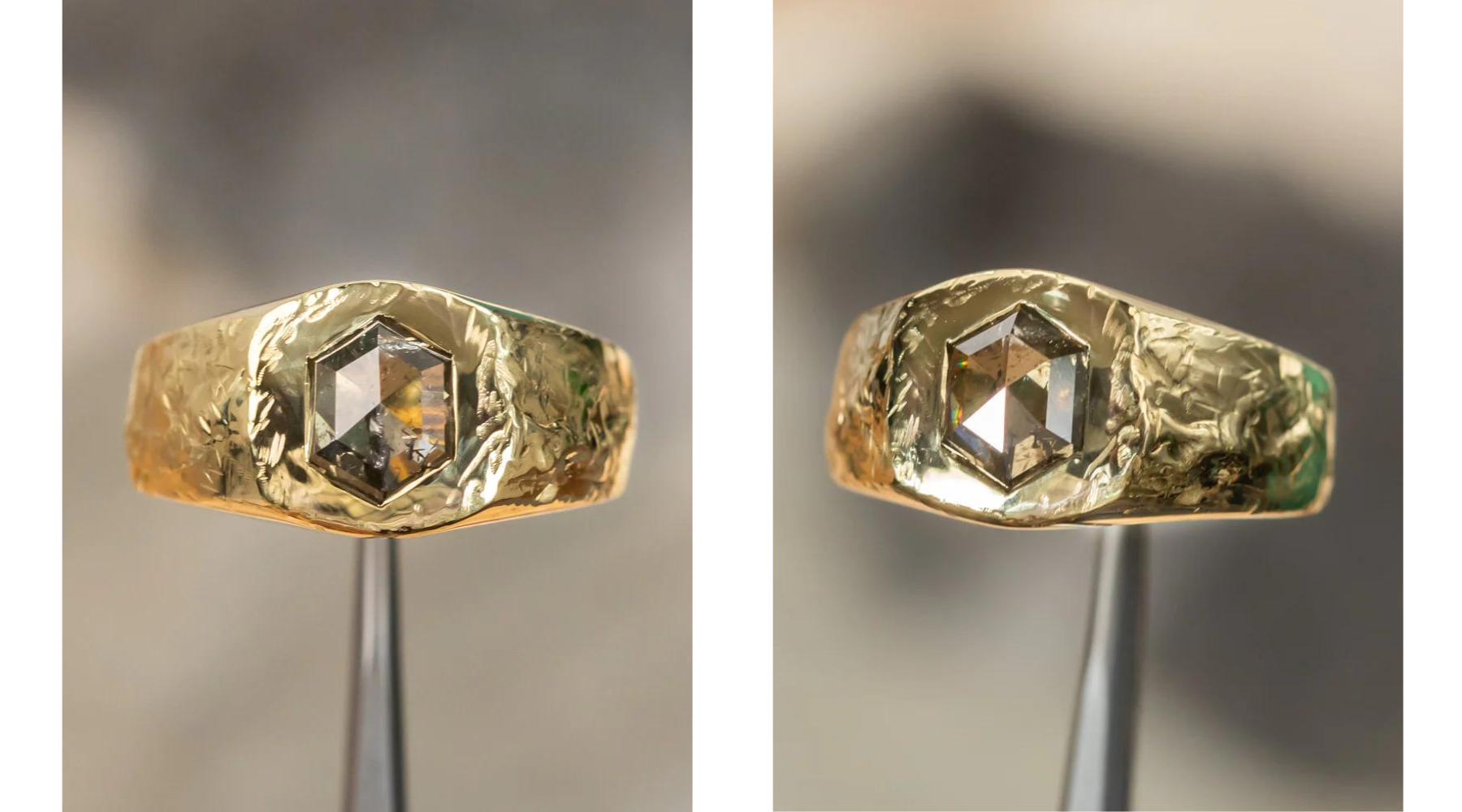 2.96CT GREEN HEXAGON ROSECUT DIAMOND EVERGREEN SIGNET IN HAND CARVED 18K YELLOW GOLD