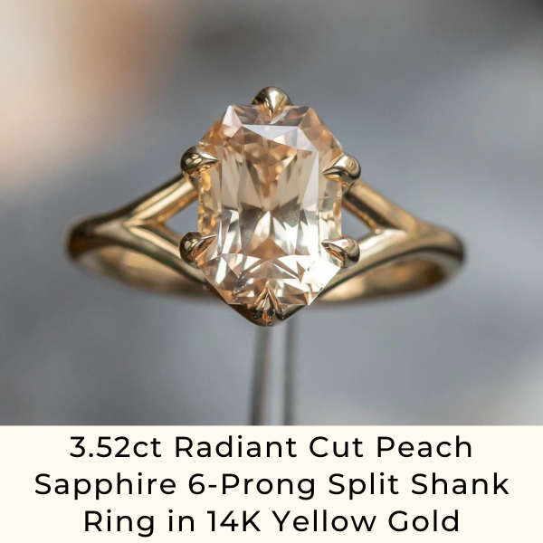 3.52ct Radiant Cut Peach Sapphire 6-Prong Split Shank Ring in 14K Yellow Gold