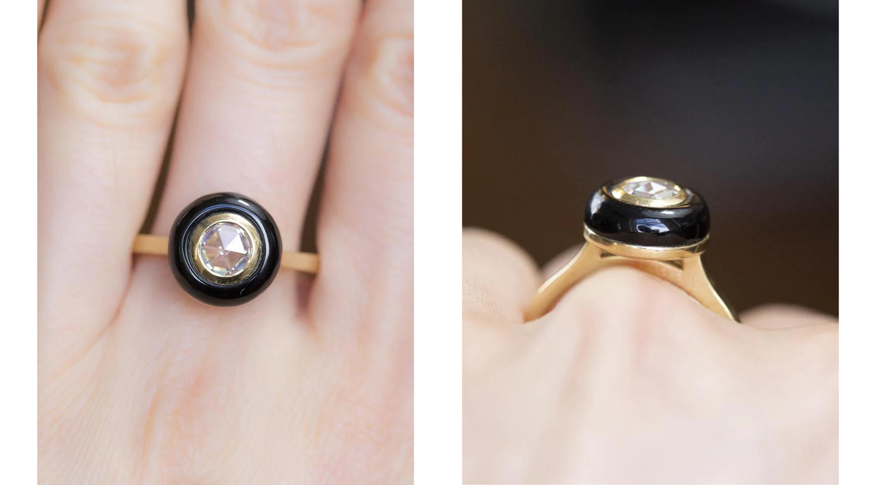 ART DECO ROSECUT MOISSANITE WITH BLACK ONYX HALO RING IN 18K YELLOW GOLD